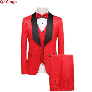 メンズスーツブレザーレッドメンズスーツ3ピースタキシード高品質のドレスコートとパンツベストビッグサイズ