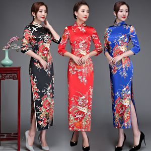 Casual Dresses Old Shanghai Elegant Women Satin Qipao Slim 3/4 Sleeve Long Dress Traditionell kinesisk mandarin krage cheongsam vestidos 230331