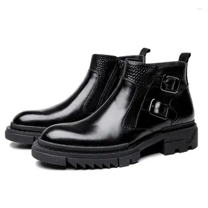 Boots Fashion Black Platform Shoes Mens Ankle Genuine Leather Male Outdoor Casual With Double Buckle