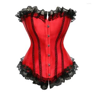 Bustiers Corsets女性ヴィンテージストライプレーストリムオーバーバストコルセットショーガールウエストシンチャーボディシェーパーセクシーなサテンランジェリートップ