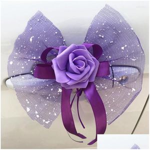 Decorative Flowers Wreaths Decorative Flowers 1Pc Beautif Wedding Car Flower Knot Door Handles Ribbons Silk Rearview Mirror Decorati Dhflj