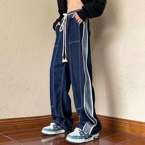 Mäns jeans 2023 Mäns elastiska midja Vintage Fashion Trend Splice Blue Color Byxor Lossa Retro Streetwear Casual Pants Size S-3XL