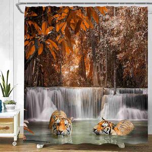 Duschgardiner Autumn Waterfall Landscape Duschgardiner Maple Red Leaves Plant Wild Tiger Fall Nature Landskap Tyg Badrum Dekor Set R231101