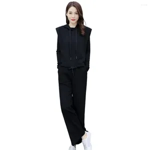 Women's Two Piece Pants Comfortable Stylish Suit Three-piece Set Black Hooded Vest Coat Elastic Waist Wide Leg For Office Leisure