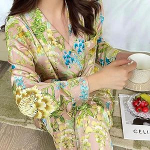 Mulheres sleepwear luxo impressão flor pijamas nightwear 2023 mulheres cetim lounge wear manga longa terno de duas peças pijamas soltos roupas de casa