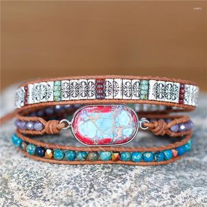 Charme pulseiras vintage artesanal boêmio turquesa rosa jasper couro boho grânulo envoltório pulseira para mulheres yoga jóias presente sua gota