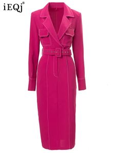 Базовые повседневные платья IEQJ с воротником с лацканами и длинными рукавами, розово-красный карандаш для женщин, пояс с высокой талией, тонкое платье, офисная женская одежда 3WQ8357 231031