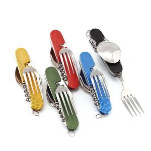 Faca dobrável multifuncional conjuntos de utensílios de jantar portátil Cretlers dobráveis ​​de chaves de caldo de pingente de acampamento ao ar livre