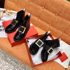 المرأة في الكاحل حذاء براءات الاختراع أحذية جلدية أحذية Rogerviviers Chelsea viv 'Leather Canle-Boots Martens Strass Crystal Flats Round Round Flats 35-40
