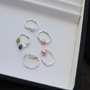 Personlighet Simple 925 Broken Silver Elastic Rings for Women Natural Freshwater Pearl Gemstone Ring Xmas Gifts Mother