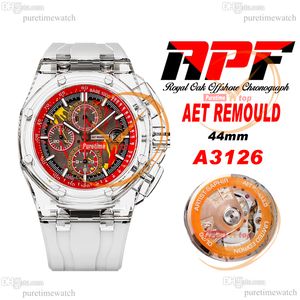 APF 44mm Aet Remould A3126 Automatic Chronograph Mens Watch Transparent Composite Material Case Red Dial White Rubber Strap Super Version Reloj Hombre Puretime D4