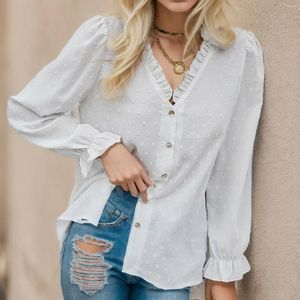 Women's Blouses Chiffon Solid Color V Neck Loose Cut Floral Long Sleeve Casual Office Lady Ol Shirt Elegant Streetwear Autumn