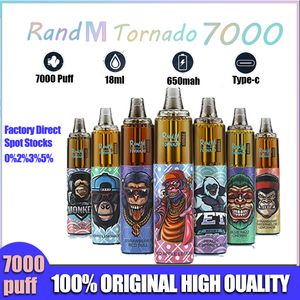 Vape Pen RandM Tornado 7000 Puffs Descartáveis E-Cigarros Pod Malha Multicolor Bobina Fluxo de Ar Ajustável 0% 2% 3% 5% Bateria Recarregável Vaporizador Vape