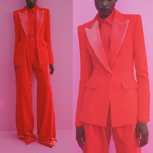 Vermelho 2 peças ternos femininos ajuste fino um botão formal longo blazer calças smoking casamento baile de formatura conjunto