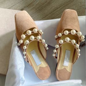 Designer Pearls Sapatos Muller Women Women Jane Sapatos Buckle Shoe feminina Meninas Ladies Resort Beach Sapatos planos de balé Half Slippers 34-42