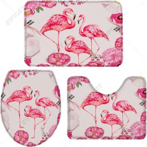 Badematten, 3-teilige Matte, Badezimmerzubehör, Aquarell-Flamingo- und Blumen-Set, Teppich aus Memory-Schaum