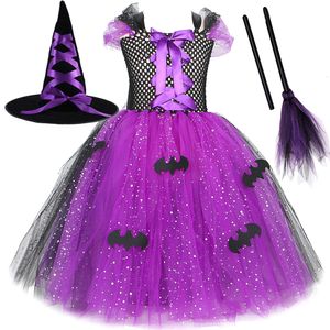 Cosplay Sparkly Witch Halloween Costumes for Girls Purple Black Bat Long Tutu Dress for Kids Carnival Cosplay Outfit with Broom Hat 230331