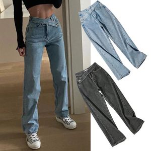 Kvinnors jeans kvinna sned bälte hög midja kläder bred ben denim kläder blå grå streetwear vintage mode harajuku rak byxor 231101