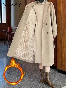 Frauen Wollmischungen Yitimoky Verdicken Warme Mantel Frauen 2023 Vintage Zweireiher Lange Jacken Casual Lose Drehen Unten Kragen Winter 231031