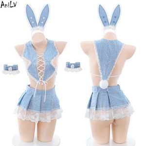 Ani Anime Girl Bule Plaid Rabbit Ear Maid Uniform Women Bunny Lace Pleated Skirt Outfit Costume Cosplay cosplay
