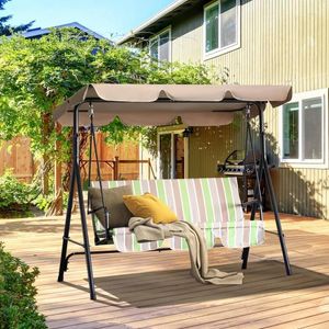 Camp Furniture 3-Seat Outdoor Patio Swing Chair With Removable Cushion Steel Frame Stand And Adjustable Tilt Canopy For Garden Backyard