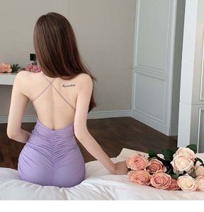 Kadınlar Mor Renkli Yular Boyun Spagetti Kayışı Bodycon Tunik Sırtsız Kısa Mini Elbise Sml