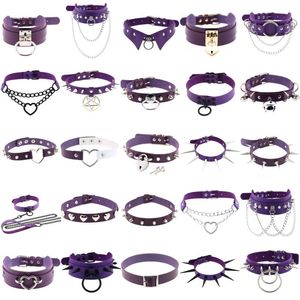 Choker Chokers Punk Gothic Purple Pu Leather Heart Cross Round Chains Necklaces For Women Spike Rivet Neck Goh Jewelry Collar Pendant