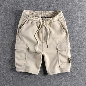 Herr shorts sommar japanska retro tungvikt stickad mode ren bomull multi-pocket dragsko avslappnad sport 5-punkts byxor