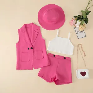 Roupas conjuntos de moda Moda Menina Suspender Blazer Shorts Sleeseless Top Hat 4pcs Child Butterfly Galze Skirt Color Solid 1-14Y