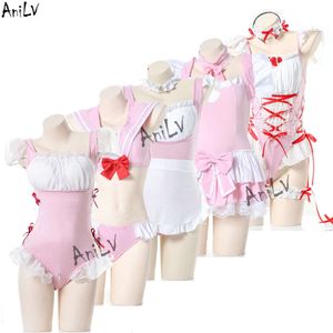 Ani Lolita Girl Maid Swimsuit With Chest Pad Uniform Series Anime Pink Bodysuit Sukumizu Swimwear Pamas Costume Cosplay Cosplay