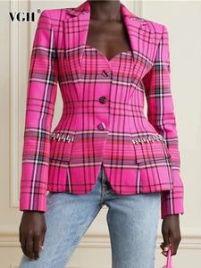 Women's Jackets VGH Vintage Plaid Colorblock Blazers For Women Notched Collar Long Sleeve Hollow Out High Waist Slimming Coats Female 231031