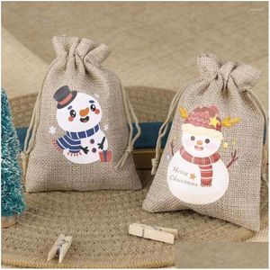 Present Wrap Gift Wrap 10st/Lot Christmas Linen Flax DString Bag Santa Claus Snowman Print Year Party Candy Gifts Packaging Pouches Drop DHSDP