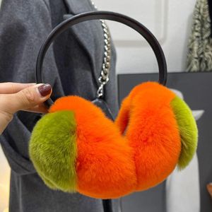 Berets Ms.MinShu Cute Winter Ear Warmer Korean Style Orange Persimmon Shape Cover Real Rex Fur Earmuffs For Girls