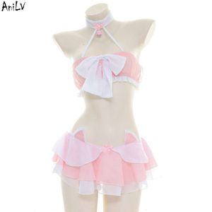 Ani anime lolita kız pembe kedi şifon kostüm kostüm yular çan bow mayo etek üniforma set havuz partisi cosplay cosplay