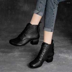 Dress Shoes Summer Autumn Vintage Ankle Boots Genuine Leather Women Med High Heel Back Zipper Cutout Breathable Mujer Zapatos