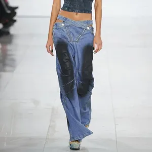 Jeans femininos jeanswomen's 2023 primavera ins mesma rua impressão personalizada sexy cross-cut cinto ing zíper reto