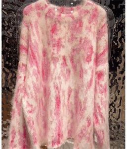 Women's Sweaters Autumn Winter Women Wool Mohair Sweater Pink Leopard Cashmere Knitted Pullover Soft Tie Dye Jumper Y2k Knitwear Loose H341