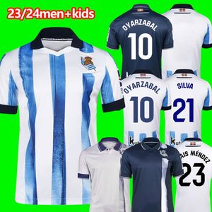 23 24 Real Sociedad Camisas de futebol OYARZABAL SILVA TIERNEY Camisa de futebol 2023 2024 Merino Zubimendi Carlos Fdez Take Kubo Barrene Brais Mendez Homens Crianças Uniforme S-2XL