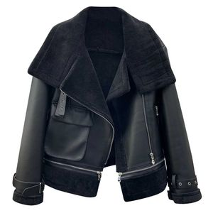 Jaquetas femininas 2023 inverno preto pele sintética jaqueta de couro shearling pele de carneiro quente streetwear casaco de cordeiro moto motociclista comprimento médio parka 231101