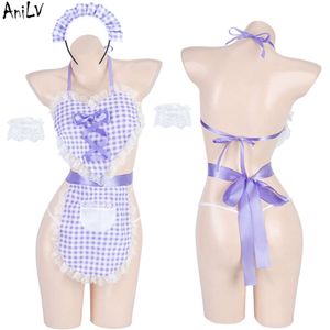 Ani Japanese Anime Girl Love Apron Maid Uniform Costume Women Purple Plaid Cute Dress Outfit Cosplay