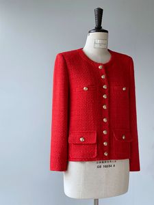 Весенний красный однотонный твидовый жакет со вставками и длинными рукавами, круглым вырезом, двойными карманами, однобортные куртки, пальто, короткая верхняя одежда A2N246386