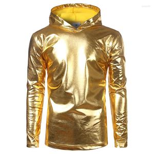 Men's T Shirts 2023 Fashion Men Slim Long Sleeve Hooded T-shirt Gold Silver Hip-hop Nightclub Style Mens Autumn Casual Streetwear Tee Top