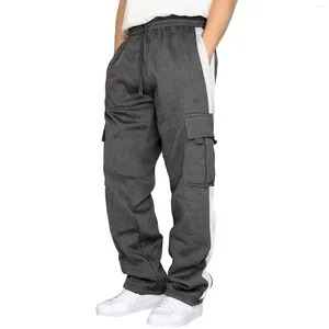 Men's Pants Striped Fleece Solid Color Lace Up Autumn And Winter Sports Patchwork Pockets Trousers Stretch High Waist