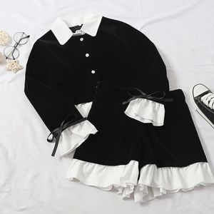 Women's Tracksuits Korean Fashion Women Ruffled Shirt Mini Shorts Sets 2PC Girl Retro Black White Blouse&High Waist Pants Suits Two-piece T3