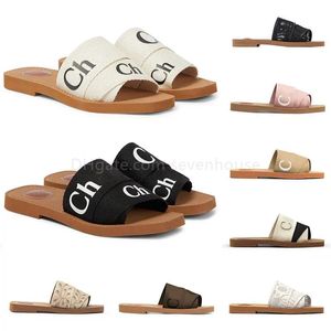 Designer Chloe Sandálias Mulheres Branco Preto Rosa Plana Slides Light Tan Beige Lace Lettering Tecido Chinelos de Lona Mulheres Verão Espuma Corredor Slider Sandales