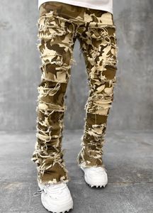 Jeans masculinos europeus camo calças homens high street magro ajuste estiramento remendado denim rasgado masculino empilhado 231031