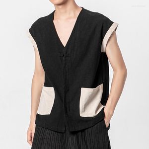 Men's Vests Men'S Chinese Style Cotton Linen Sleeveless T-Shirt Summer Fashion Tank Top Casual Oversized V Neck Male Tops Solid Clothing