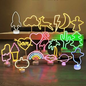 Night Lights USB LED Neon Light Holiday Flamingo Lamp Xmas Party Table Lamp Cactus Lamp Battery Powered for Bedroom Wedding Decoration P230331