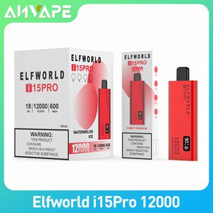 Original Elfworld i15Pro 12000 Puffs Disposable Vape Pen Pods E Cigarette 0/2/3/5% Nic With 600mAh Rechargeable Battery Mesh Coil 18ml Prefilled Pod Bar PK Randm bang