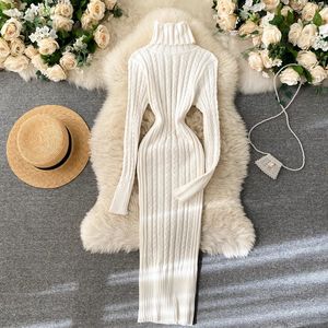 Basic Casual Dresses Knitted Turtleneck Women's Dress Autumn Fashion Screw Thread Warm Slim Straight Long Spring Elegant Female Clothing 231031